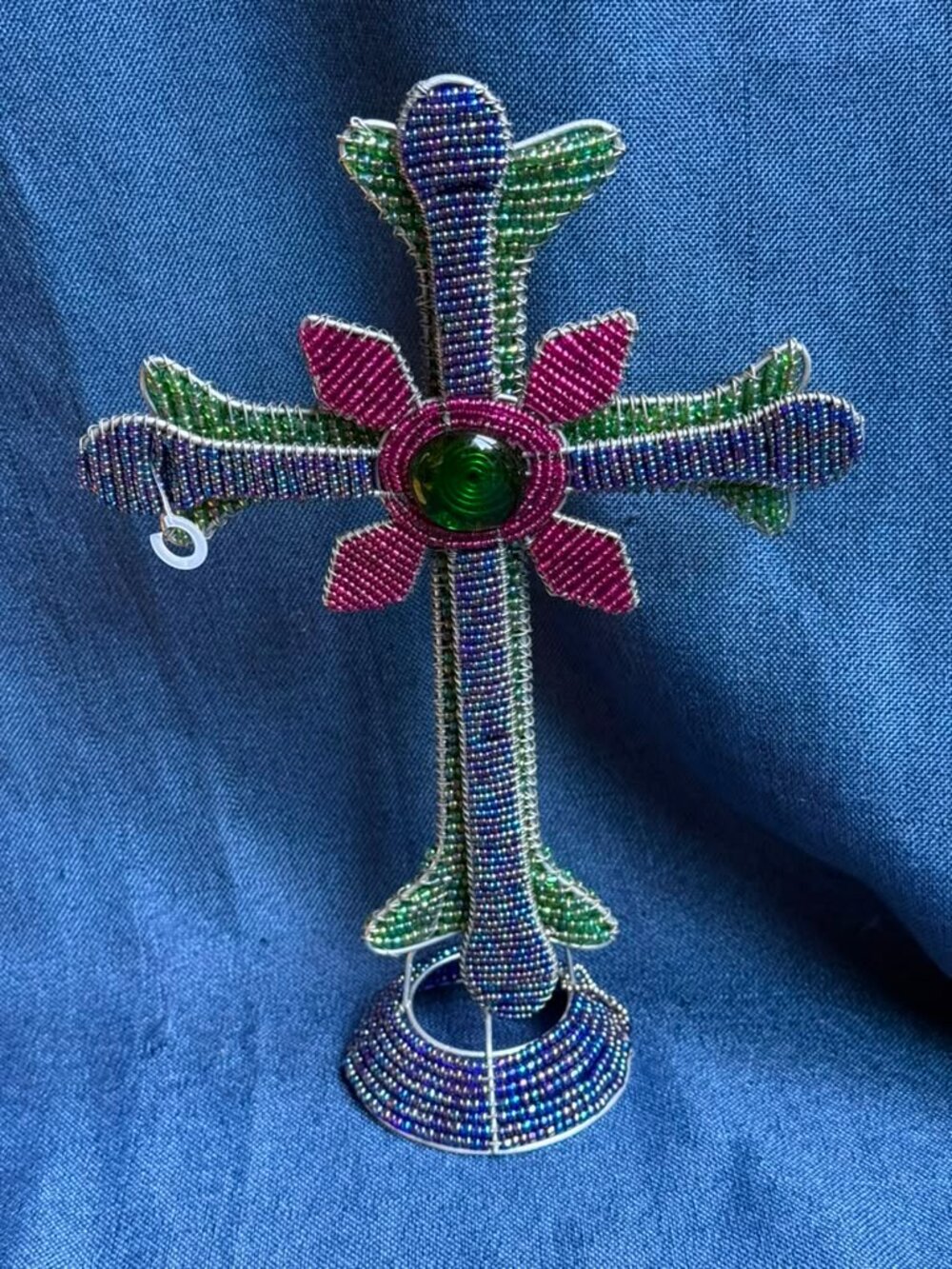 Beadworx Handcrafted Glass Seed Bead Standing Table Cross Tribal Folk Art Jewel